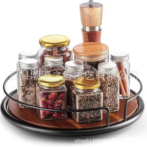 Estante de almacenamiento giratorio de madera, organizador de discos de acero, bandeja giratoria para condimentos de escritorio, bandeja giratoria para cosméticos - Product Image 1