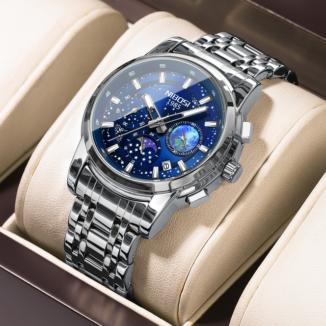 NIBOSI 2651 Men's Earth Sky Starry Night Design Auto Date Chronograph Alloy Case Stainless Steel Strap 3Bar Quartz Watch
