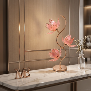 Lámpara Tradicional China de Loto Rosa, Flores de Vidrio Hechas a Mano sobre Tallo Bañado en Oro, Luz Decorativa E26 para Mesita de Noche, para Hogar Asiático - Product Image 5