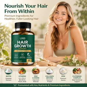 Complément alimentaire pour la croissance des cheveux OEM/ODM, capsules riches en biotine, vitamines, collagène et acide folique - 60 capsules/flacon, sans gluten - Product Image 4