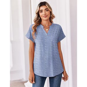 Haut à manches courtes et col en V pour femme FOXA, 100 % coton respirant, chemise décontractée d'été au design simple pour le travail et le quotidien - Product Image 4