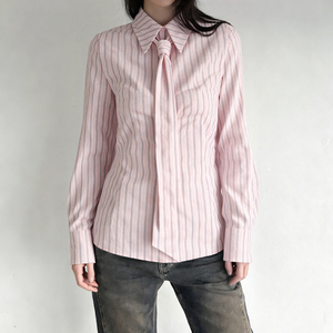 European and American Style Women's Woven Button Shirt 2025 Autumn Casual Office Wear Striped <b>Tie</b>-Front Long Sleeve Blouse - Product Image 5