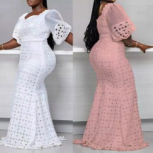 Vestido de noche transfronterizo europeo y americano para mujer, malla de Color sólido, mangas abullonadas, encaje hueco, falda de cola de pez que cubre la cadera - Product Image 3