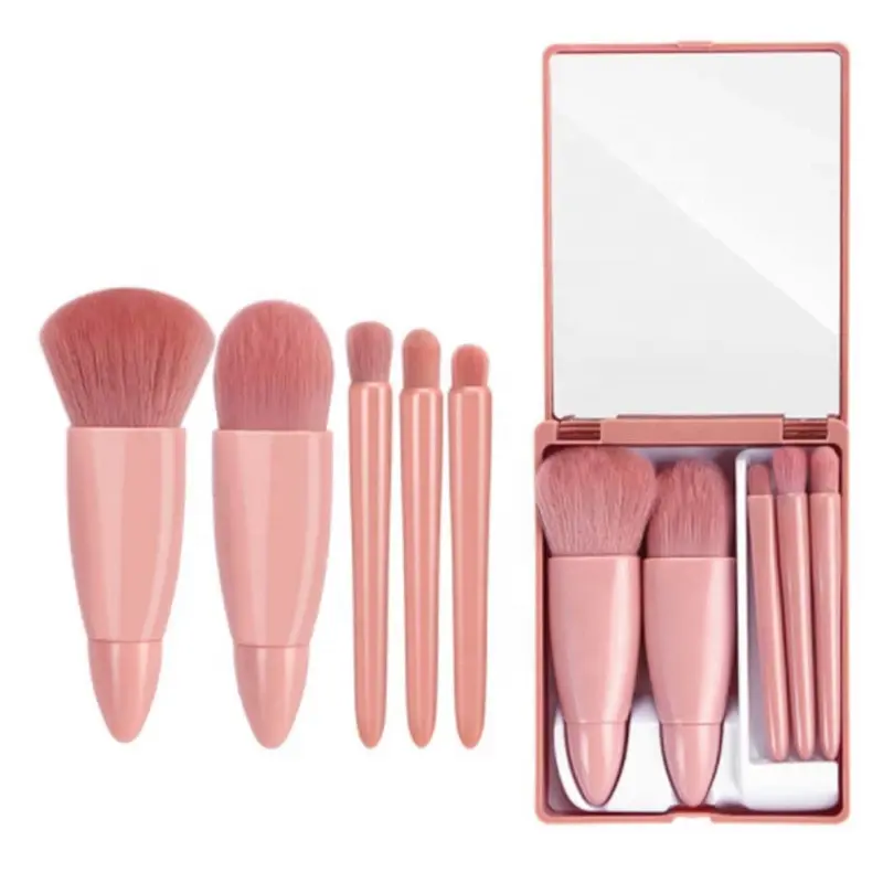Set Kuas Makeup Perjalanan, 5 Buah Set Sikat Mini Travel Pink dengan Casing Kaca