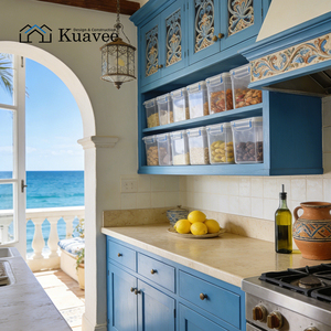 Modern Ocean <strong>Blue</strong> Style Custom Modular Kitchen Cabinet Solid Wood Furniture Melamine Laminate Resin Faucet Including Island - Product Image 1