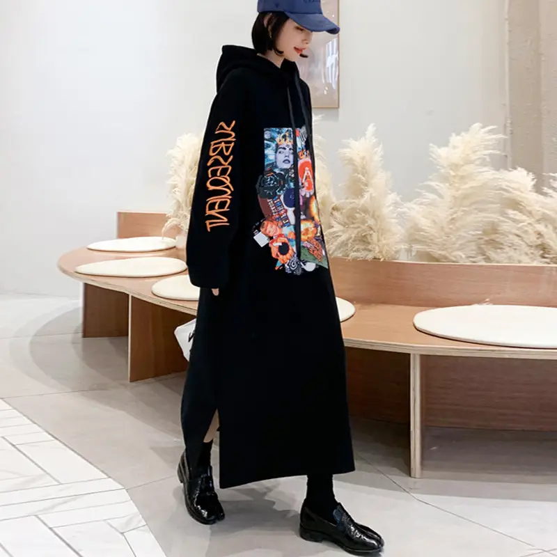 韓国ファッション冬暖かいレディースプルオーバーフード付きロングスウェットシャツ女性プリントスプリットフリースマキシストリートウェアパーカードレス