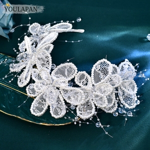 Tiara de novia de encaje hecha a mano YouLaPan con ribete floral bordado y cristales en forma de rama, elegante corona para el cabello de novia <span class=keywords><strong>HP702</strong></span> - Product Image 2