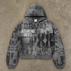 Maßgeschneiderter Crop-Hoodie für Markenkollektionen All-Over-Print Acid Wash Distressed Herren Großhandel - Product Image 1