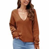 Nouveau design Pull tricoté pour femme à col en V et épaules tombantes, style décontracté, couleur unie, manches chauve-souris, coupe ample
