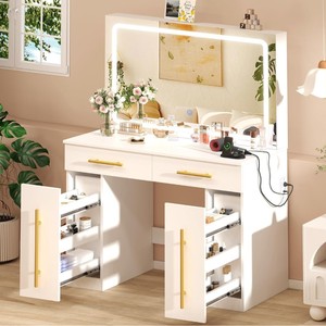 <span class=keywords><strong>Coiffeuse</strong></span> moderne de luxe en bois sur mesure avec <span class=keywords><strong>miroir</strong></span> <span class=keywords><strong>LED</strong></span>, grande capacité de rangement, table de maquillage pour chambre à coucher, meuble de panneau - Product Image 1