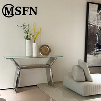 Table console MSFN originale en acier inoxydable avec plateau en verre trempé, style artistique-sculptural, moderne, de luxe, pour salon, table d'appoint, hôtel