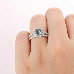 Ensemble de bagues de fiançailles et de mariage pour femmes, design tendance, bijoux en argent 925, aquamarine naturelle ronde, halo CZ, cadeau d'anniversaire - Product Image 4
