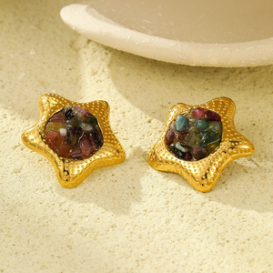 Pendientes de piedra natural de estilo retro europeo y americano, diseño de flores y estrellas en acero inoxidable - Product Image 6