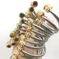 Brazalete de Cable Trenzado con Cristal de Piedra Natalicia, Acero Inoxidable, Impermeable e Hipoalergénico