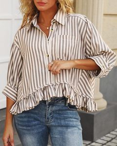 <span class=keywords><strong>Camicia</strong></span> da <span class=keywords><strong>donna</strong></span> autunnale a righe con orlo in pizzo, vestibilità ampia, <span class=keywords><strong>mezza</strong></span> <span class=keywords><strong>manica</strong></span>, colletto a risvolto, in poliestere elasticizzato a 4 vie - Product Image 6