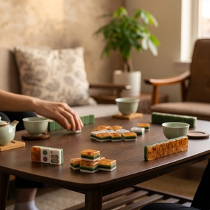 Stock Luxury Retro Wood Grain American <b>Mahjong</b> Tiles 4 Layers Foldable Travel <b>Set</b> Carved Durable Eco-Friendly Free Bag - Product Image 4