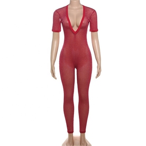 ZHEZHE été <span class=keywords><strong>rouge</strong></span> Sexy col en v profond combinaison minuit Clubwear pour femmes 2024 manches courtes voir à travers Coquette combinaisons maigres - Product Image 5
