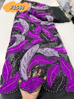 Tissu en tulle noir F1544 en gros avec broderie de feuilles 3D perlées et sequins, patchwork en maille avec velours pour robe de soirée africaine