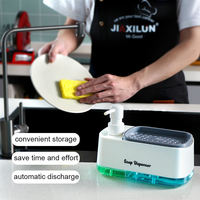 Support à éponge 2-en-1 en plastique avec double distributeur de savon et boîte à vaisselle pour la maison, l'hôtel, la salle de bain et la cuisine