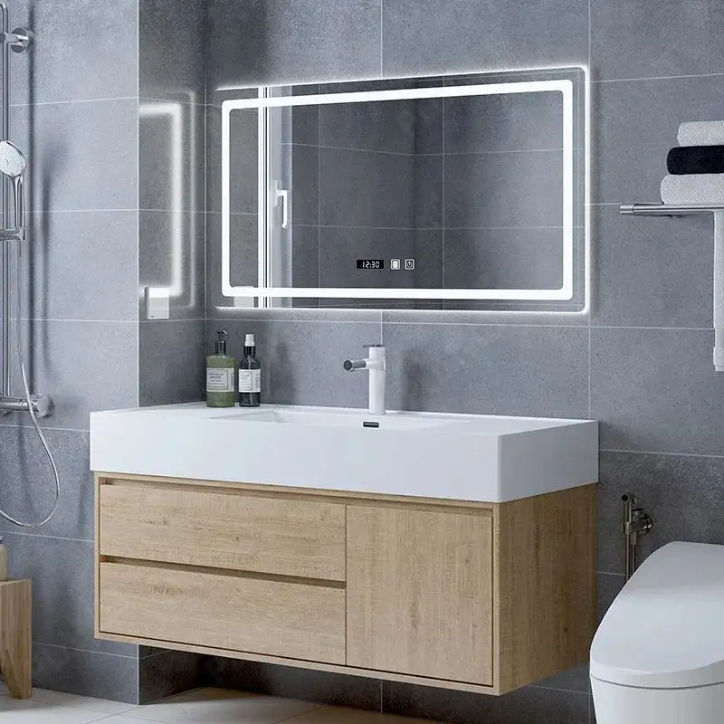 Modern Bathroom Wall Mounted Drawers Slate Cabinet Vanity With Sink And Led Mirror Set