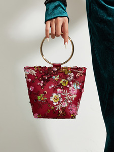 Floral <b>Sequin</b> Embroidery Tote Bag Women Metal Ring Handle <b>Handbag</b> Large Capacity Canvas Shoulder Bag Handmade Bucket Purse - Product Image 1