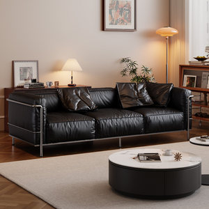 Ensemble de canapés en cuir véritable avec structure en acier inoxydable, design Bauhaus style <span class=keywords><strong>Le</strong></span> <span class=keywords><strong>Corbusier</strong></span>, pour salon ou bureau - Product Image 2