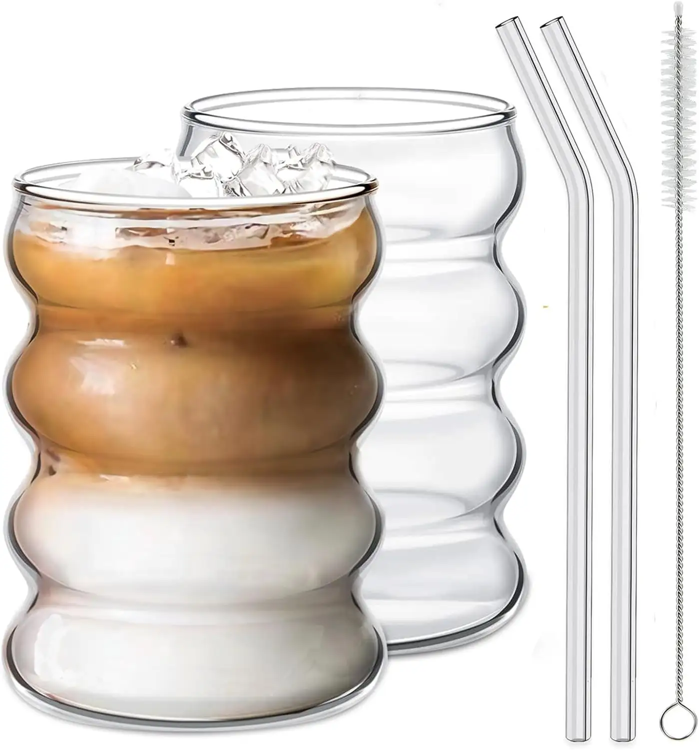 High Borosilicate Glass Striped Coffee Cup With Bamboo Lid And Glass Straw 500m