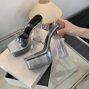 Sandalias de gelatina de cristal para mujer, novedad de primavera 2024, tacón alto de 14 cm, punta cuadrada, tacón grueso, antideslizantes, de caña alta, para verano. - Product Image 4