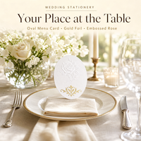 Carte d'invitation de mariage ovale personnalisée avec estampage à chaud doré, motif floral rose en relief, carte de menu blanche pour table de dîner et banquet