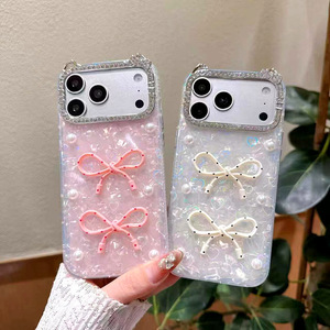 เคสโทรศัพท์มือถือ <span class=keywords><strong>iPhone</strong></span> 11 12 13 14 15 16 17 Pro Max ลายโบว์สไตล์เกาหลี หูแมว ประดับมุก เพชร กลิตเตอร์วิบวับ - Product Image 1