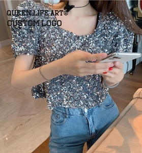 <strong>Golden</strong> Sequins <strong>Tops</strong> for Womens Custom Vintage Casual Women's Cotton T-shirtss <strong>Crop</strong> Tight <strong>Tops</strong> With Puff Print Manufacturer Direct - Product Image 4