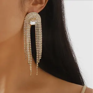 luxury Rhinestone Drop Earrings for Women Gold Color Long Tassel Crystal Dangle Earrings Statement Bride Wedding Jewel