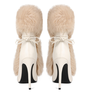Women Stiletto Thin Heels Furry Short Boots Big Size 47 Back Lace up <b>Shoes</b> Dress Wide Fit Fluffy Fur Ankle Booties - Product Image 5