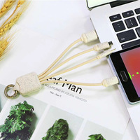 Câble de chargeur USB carré en gros écologique Paille de blé promotionnelle 3 en 1 Câble de chargement porte-clés avec verrouillage par mousqueton