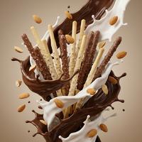 Bâtonnets de biscuits enrobés de chocolat aux amandes, avec une couche extérieure riche en cacao et un garniture croustillante aux amandes, personnalisables en marque blanche