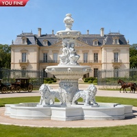 YOUFINE Grande fontaine d'eau extérieure personnalisée en marbre blanc antique avec deux lions et une dame assise pour manoir, allée et aménagement paysager