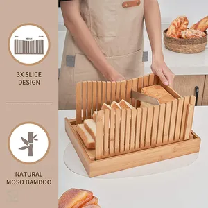 Premium Bamboo Bread Slicer Cutter with Crumb Tray and Knife for Bread Guide Manual Ad Kitchen