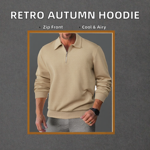 Sudadera Retro de Gran Peso, Lavada, Holgada, Informal de Otoño, Transpirable, con Capucha, Manga Larga, Solapa y Media Cremallera, Sudadera de Moda para Hombre - Product Image 2