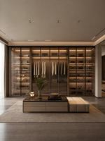 Dressing sur mesure moderne et minimaliste avec portes vitrées à cadre noir, îlot central et éclairage LED pour villa, mobilier sur mesure pour toute la maison