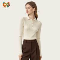 Haut en maille côtelée à col polo et boutons perlés pour femme, coupe ajustée, manches longues, pull de base, automne-hiver, chemisier pour femme, OEM ODM