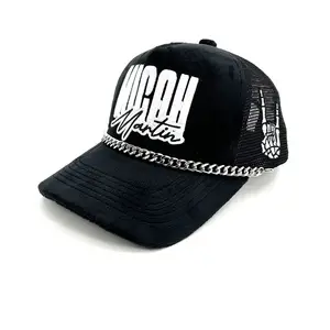 High quality custom 3d powder puff embroidered logo velvet trucker hat with metal chain