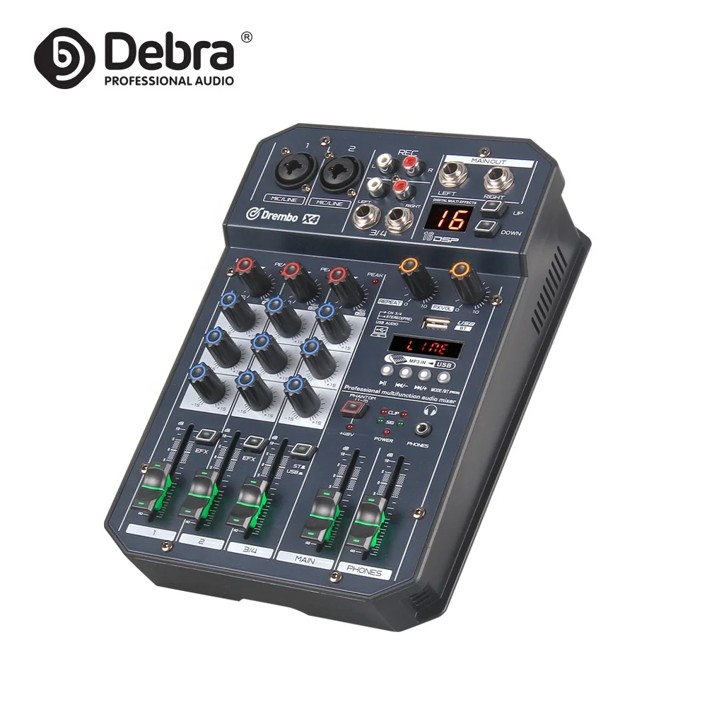 Debra ऑडियो X4 के साथ 4 चैनल मिनी डिजिटल डीजे ऑडियो मिक्सर पिता BT4.2 16DSP reverb प्रभाव 48V के लिए पीसी रिकॉर्डिंग बैंड मिश्रण