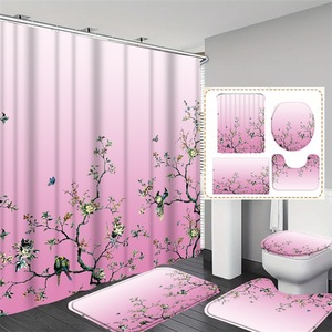 Ensemble de 4 pièces pour salle de bain : rideau de douche, tapis de bain décoratif rose, tapis contour, couvercle de toilette en forme de U, tapis antidérapant en tissu polyester - Product Image 4