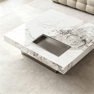 Luxury Integrated Tea Tray Square Coffee <b>Table</b>, Pandora White Sintered Stone Low Profile Side <b>Table</b> for Modern Villa Living Room - Product Image 4