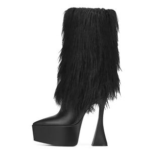 Botines de Tacón Alto con Peluche Negro, Moda 2023, Botas de Media Pierna para Mujer, Punta Puntiaguda, Plataforma Gruesa - Product Image 1