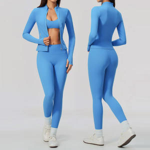 Women Blue Sporty 2 Piece Set Sleeveless Zipper Jacket Short <b>Top</b> High Waist Leggings Striped Knitted Spandex Polyester - Product Image 1