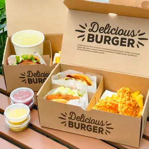 Emballage alimentaire jetable en papier Kraft à clapet personnalisé, qualité alimentaire rapide, hamburgers, frites, poulet, boîte Hotdog