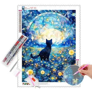عدة رسم جديدة ماسية 5D رسم قطة في ليلة مليئة بالنجوم حقل زهرة ماس فسيفساء