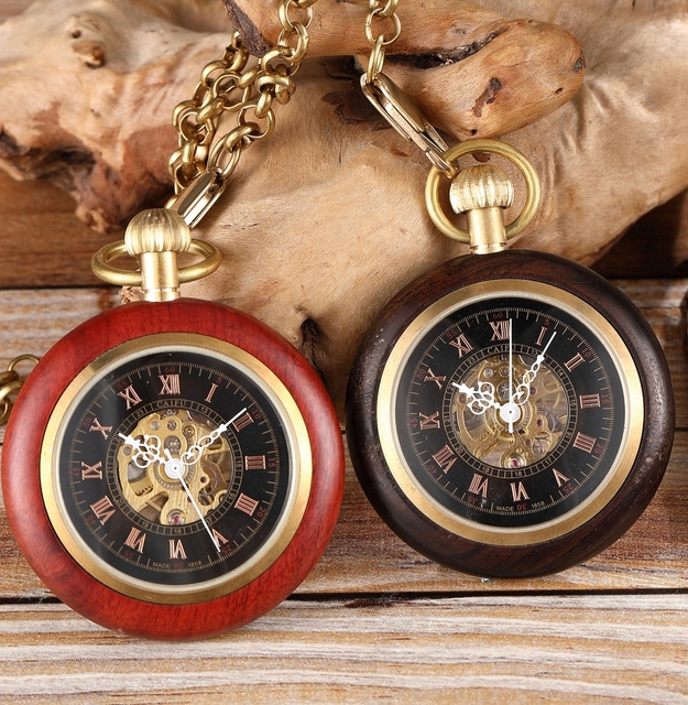 Weflourish Hand Winding Men Red Wood Around Classic Vintage Men Skeleton Fob Mechanical Pocket Watch