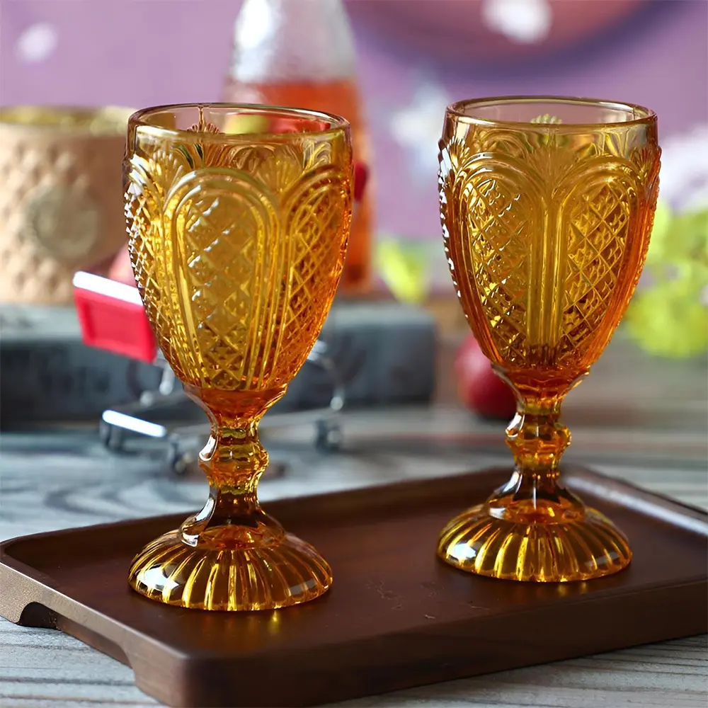 Custom vintage 276ml 9oz french european amber green blue color water wine goblet champagne red wine glasses